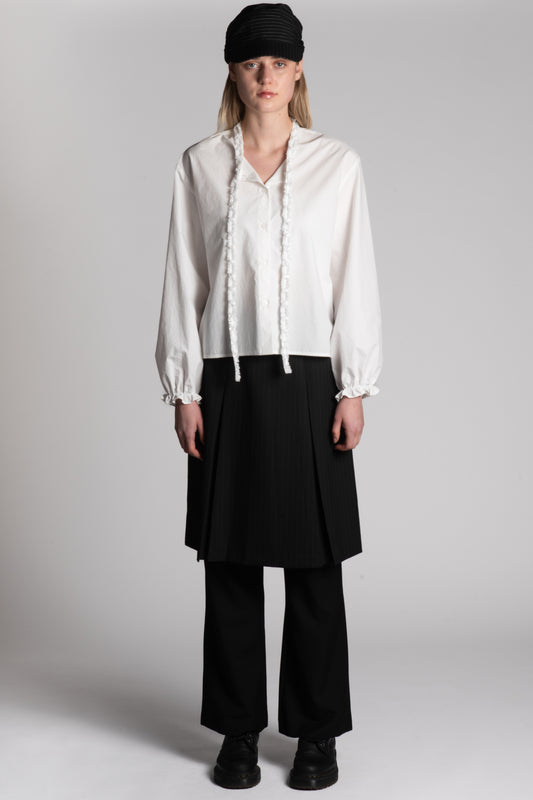 WHITE RUFFLE TIE COTTON SHIRT