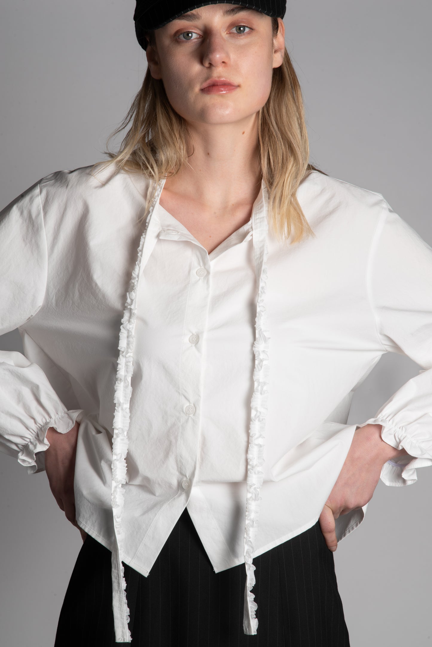 WHITE RUFFLE TIE COTTON SHIRT