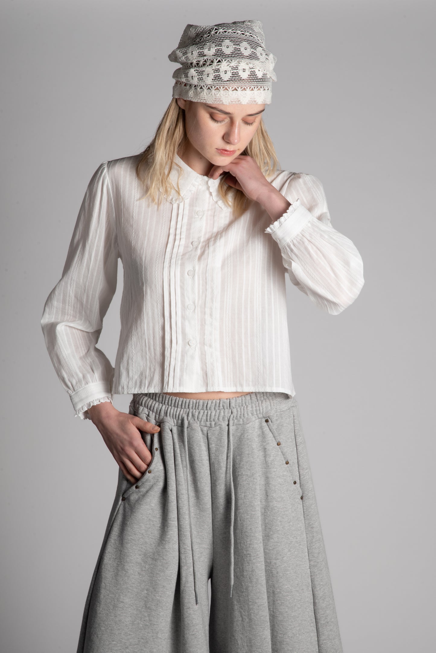 WHITE PINTUCK COTTON BLOUSE