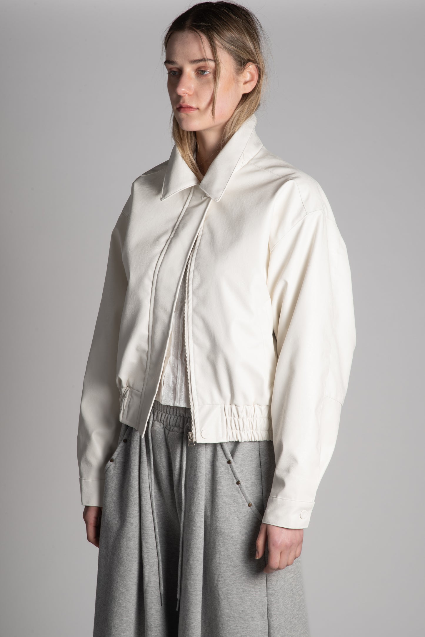 WHITE PU LEATHER BOMBER JACKET