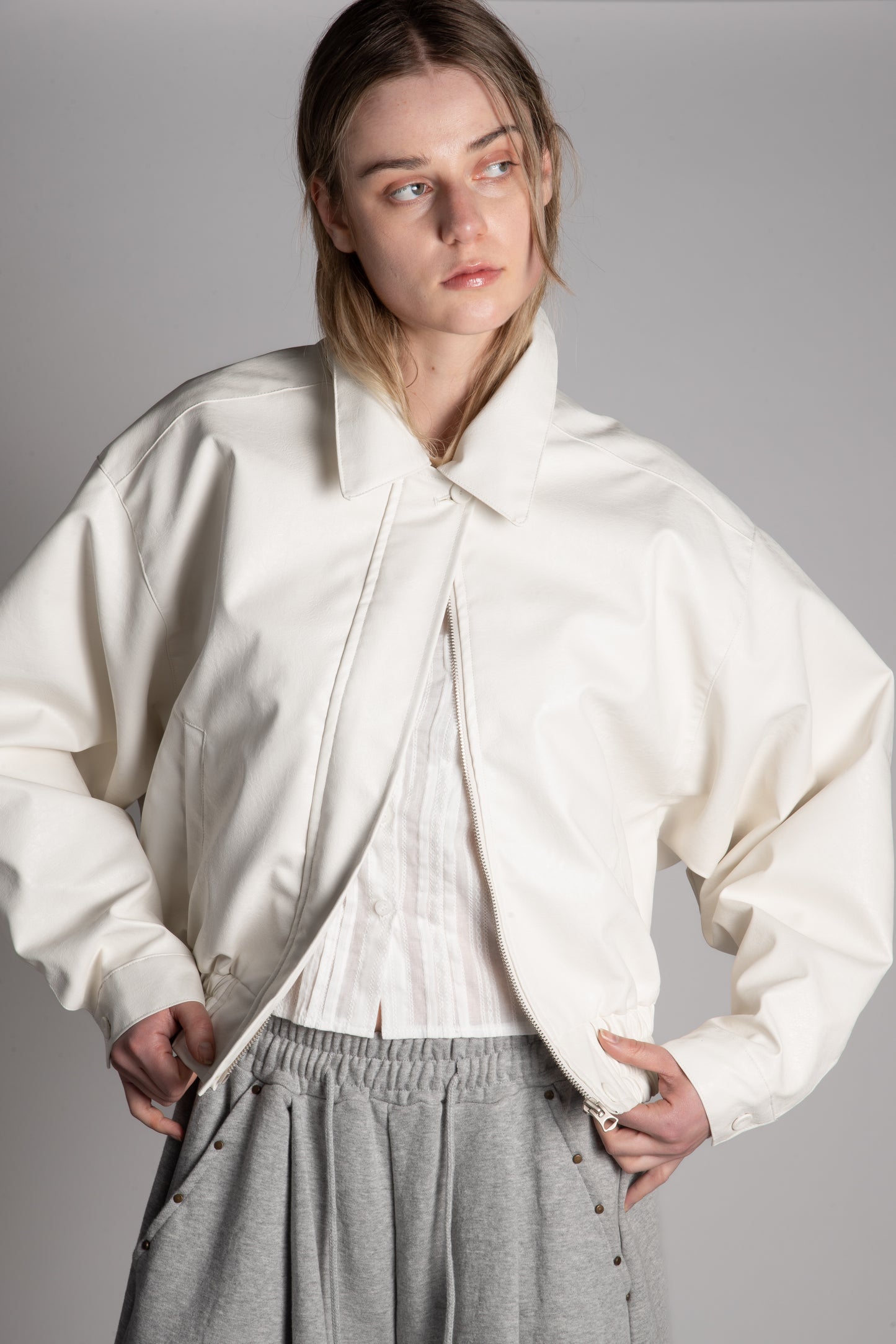 WHITE PU LEATHER BOMBER JACKET