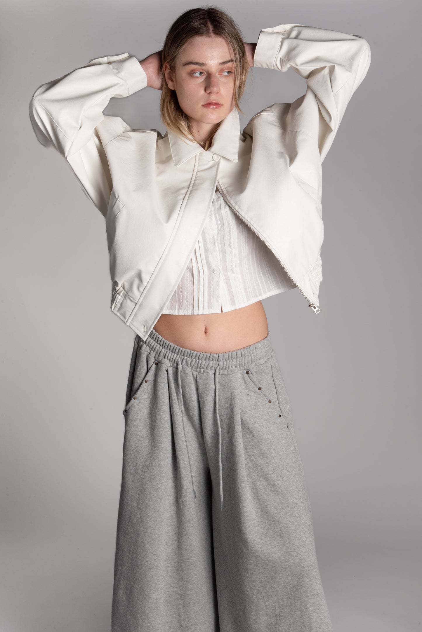 WHITE PU LEATHER BOMBER JACKET