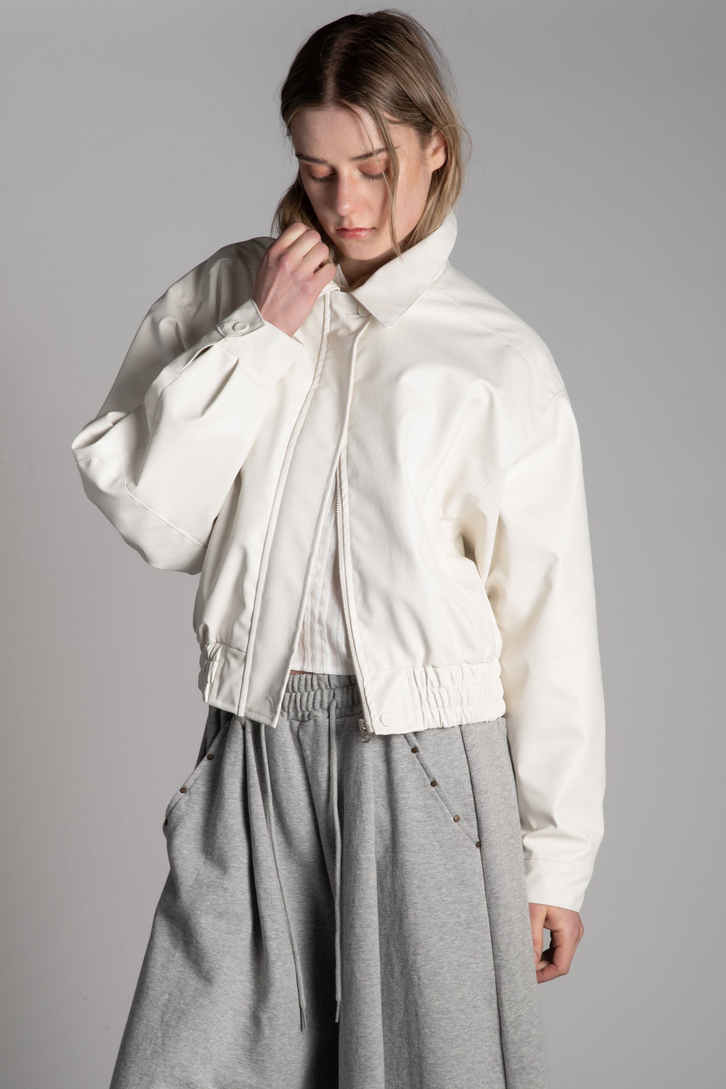 WHITE PU LEATHER BOMBER JACKET