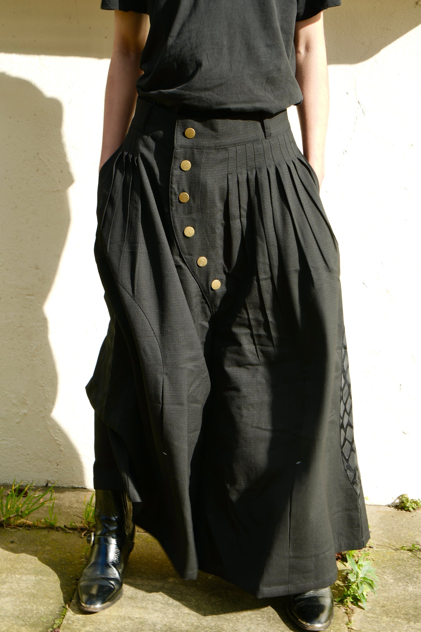 SCIMITAR-PLEATED WIDE WOOL TROUSERS