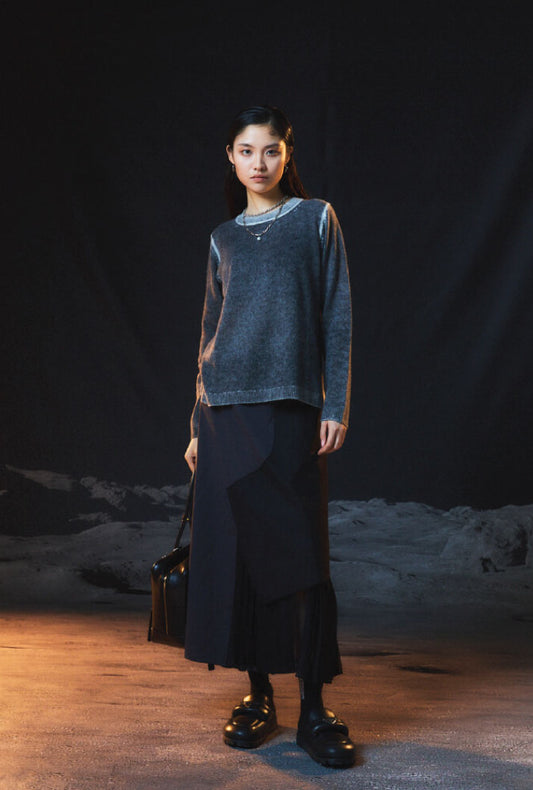 HERRINGBONE COMBO PLEATED SKIRT