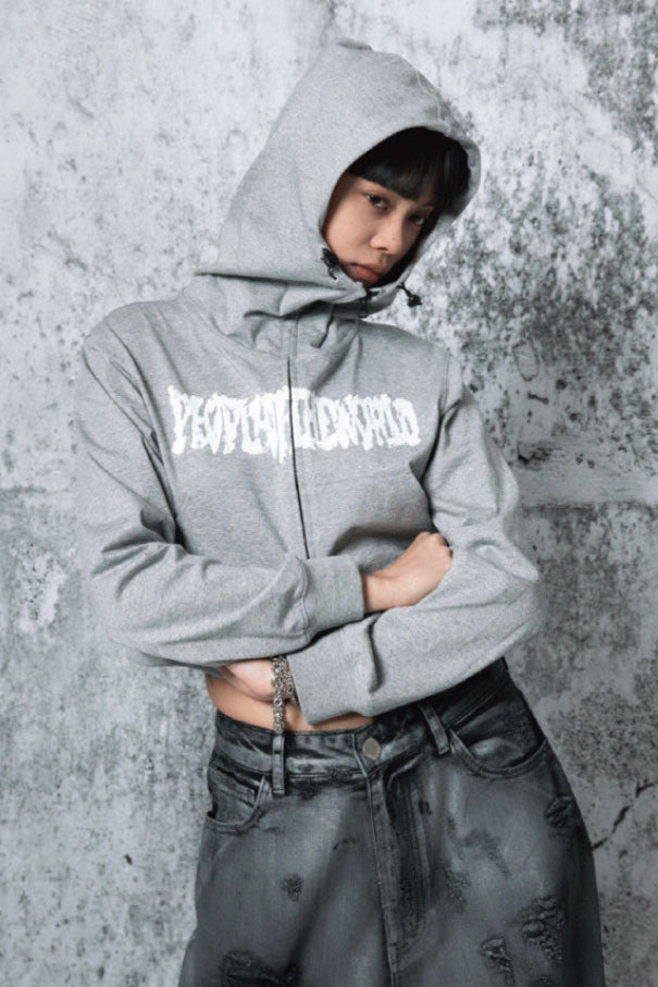 CROPPED LOGO HOODIE ZIP-UP GREY