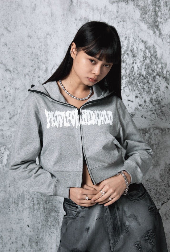CROPPED LOGO HOODIE ZIP-UP GREY