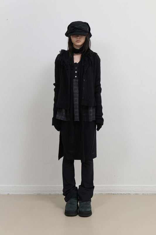 TASSEL COLLAR KNIT CARDIGAN - BLACK