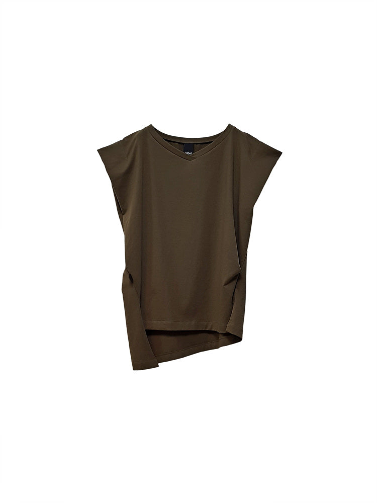 RECYCLED FABRIC A BOAT V-NECK SLEEVELESS TOP KHAKI