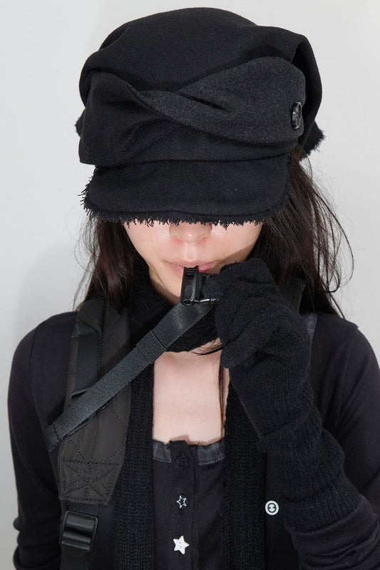 SCARF VEIL WOOL CAP - BLACK