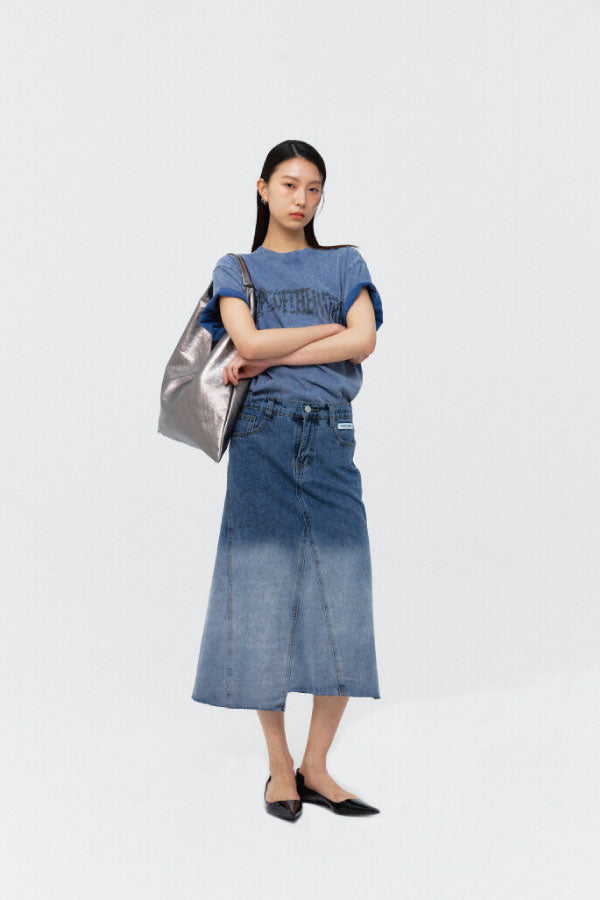 OMBRE-WASHED DENIM SKIRT BLUE