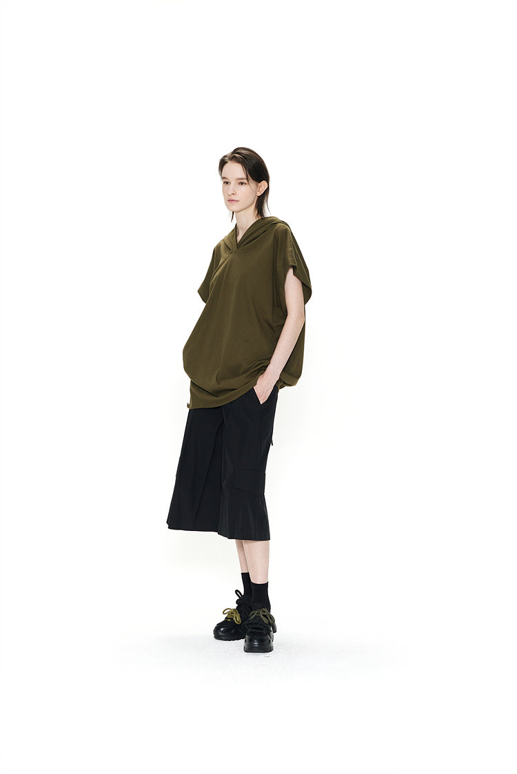 RECYCLED FABRIC SLEEVELESS HOODED TOP KHAKI
