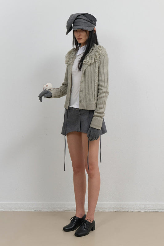 TASSEL COLLAR KNIT CARDIGAN - GREY