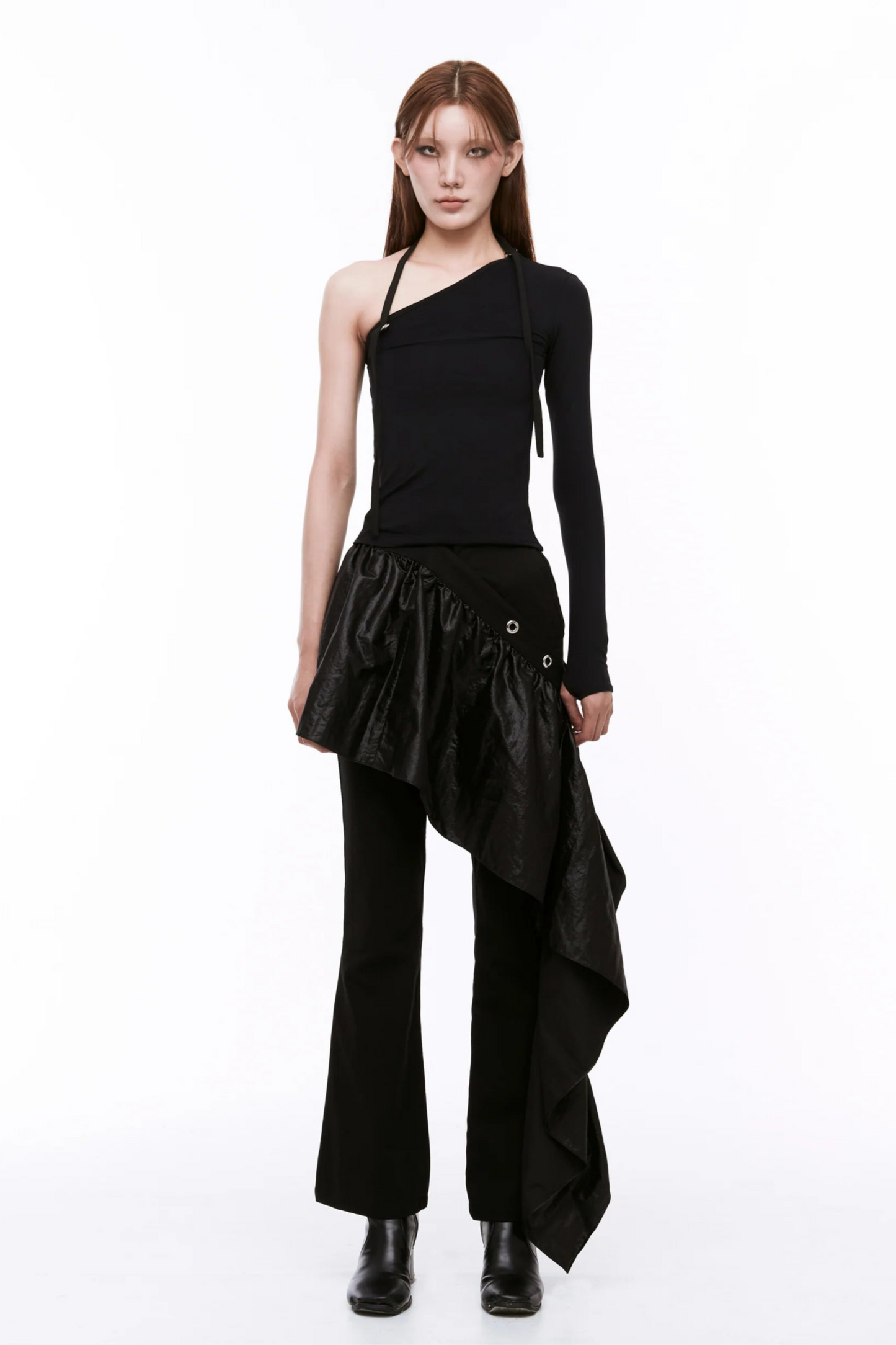 ARTSDEBASE DRAPING BOOT CUT PANTS BLACK