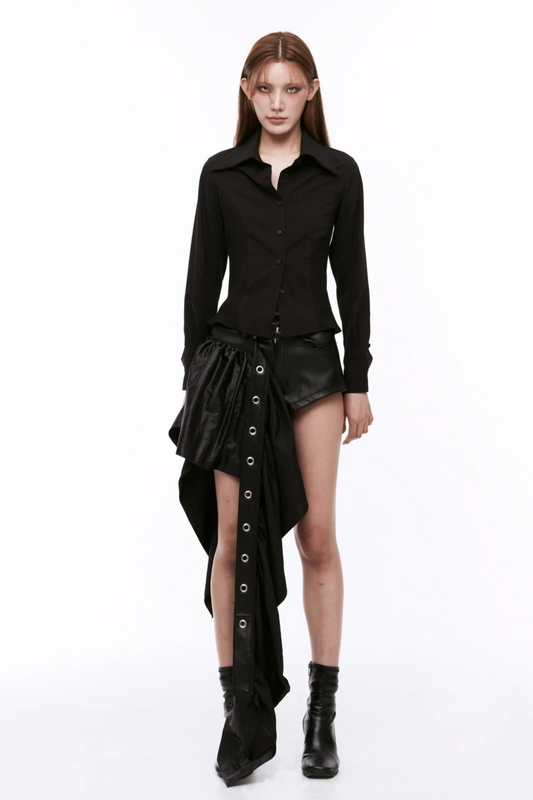 ARTSDEBASE ARTIFICIAL LEATHER DRAPING SHORT PANTS BLACK
