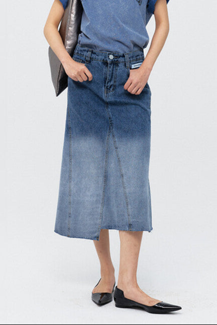 OMBRE-WASHED DENIM SKIRT BLUE